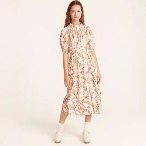 J.Crew Smocked Neck Puff-sleeve Dress In Cherry Blossoms Cotton - Sz L.